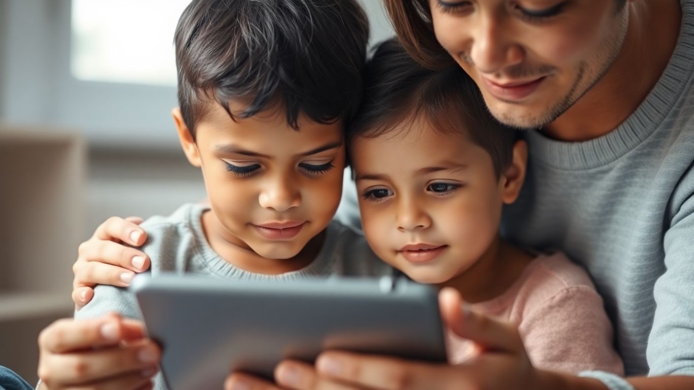 Părinte și copil privind împreună ecranul tabletei.