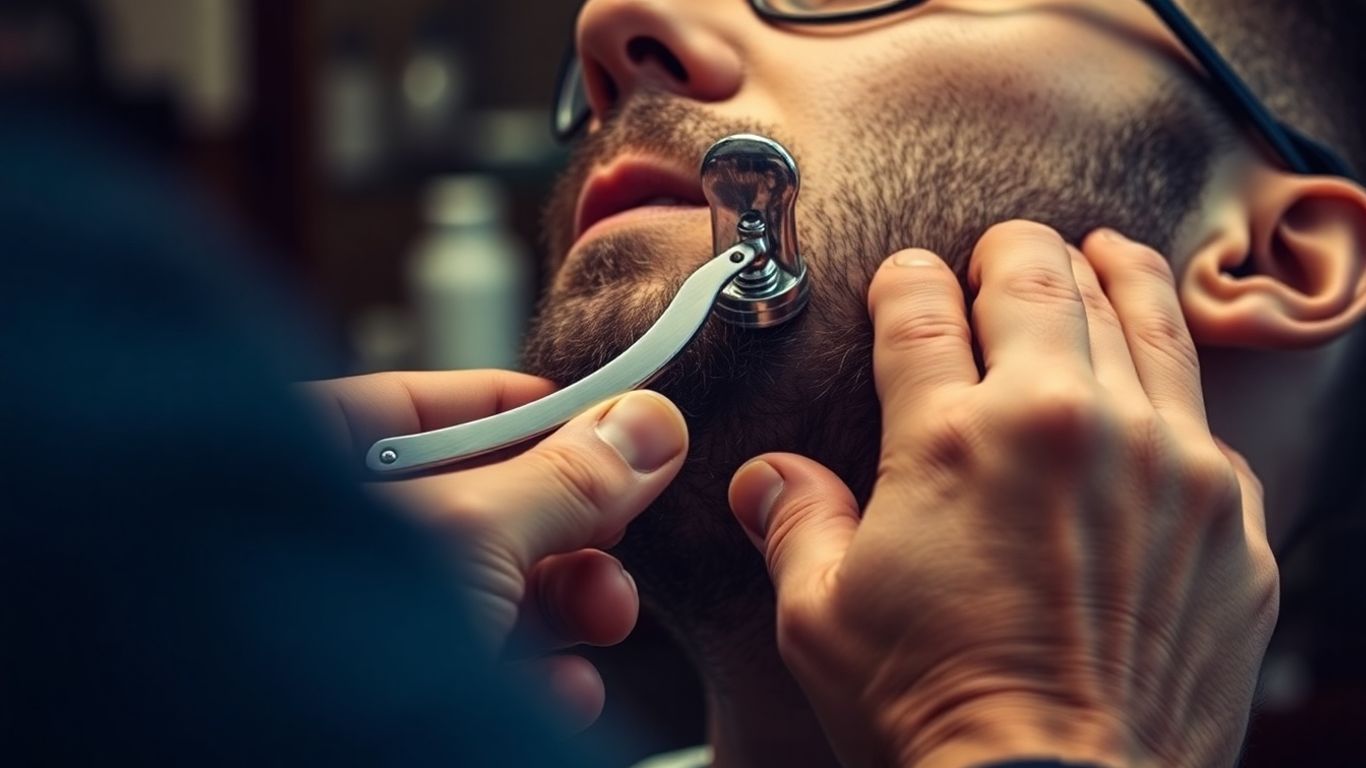 Barber shaving a man's face with a straight razor.