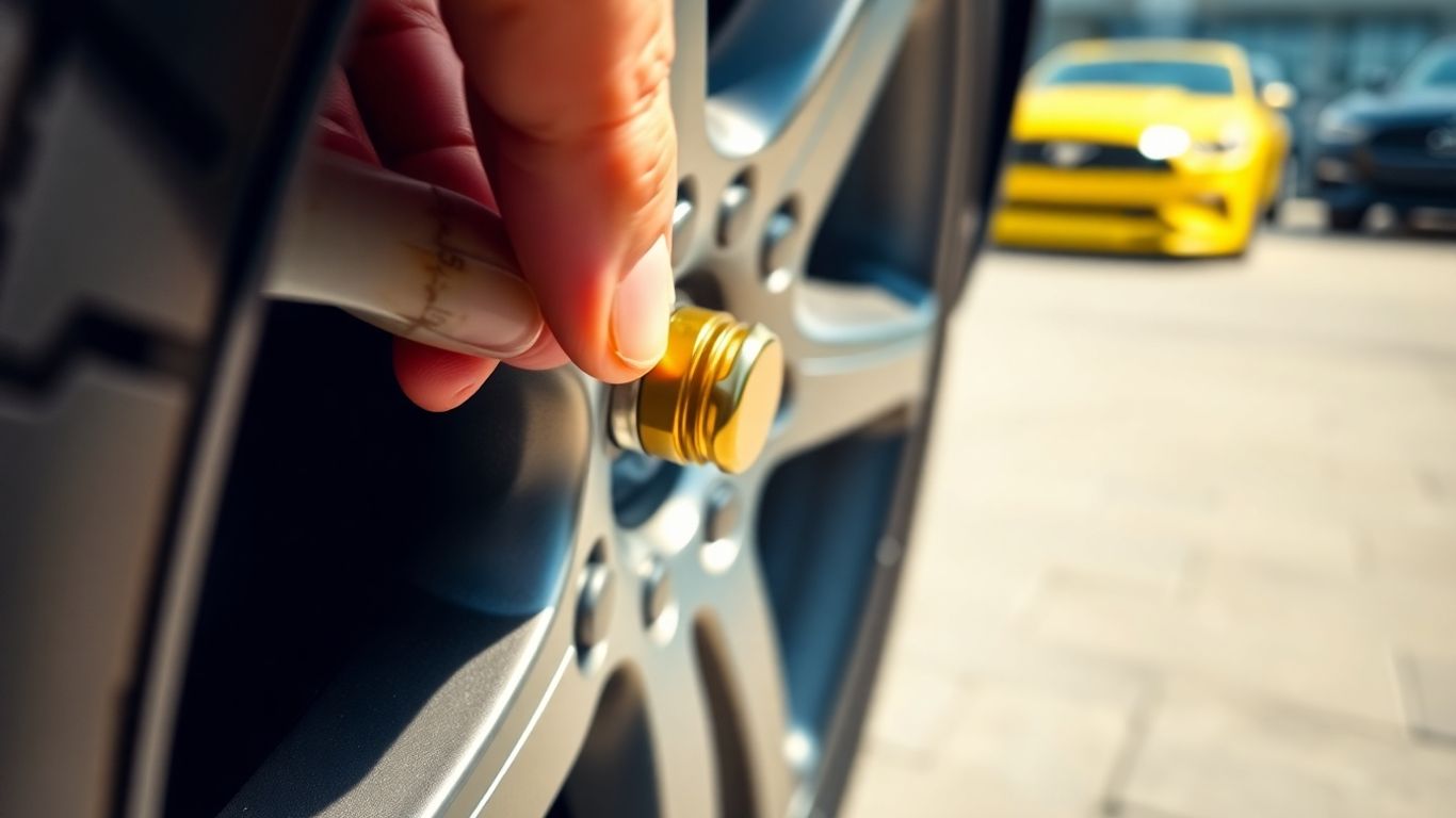 Hand screwing gold tire valve cap onto car wheel