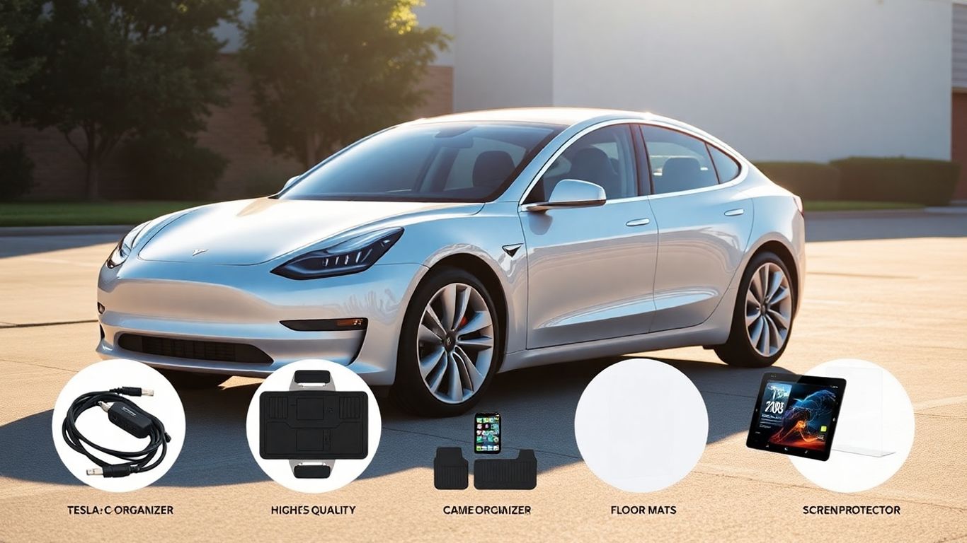 Tesla Model 3 with premium accessories displayed.