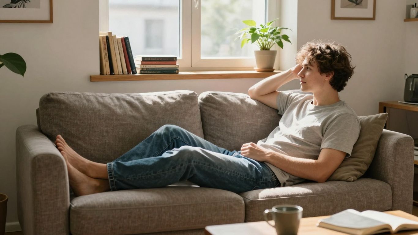 Persona relajada en un sofá dentro de un apartamento alquilado.