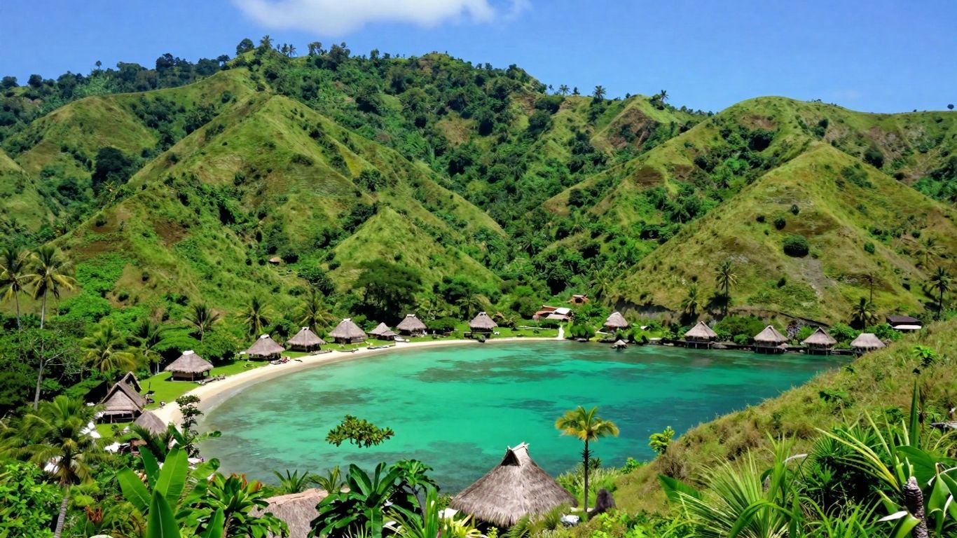 Lush Sumba landscape with turquoise waters and traditional homes.