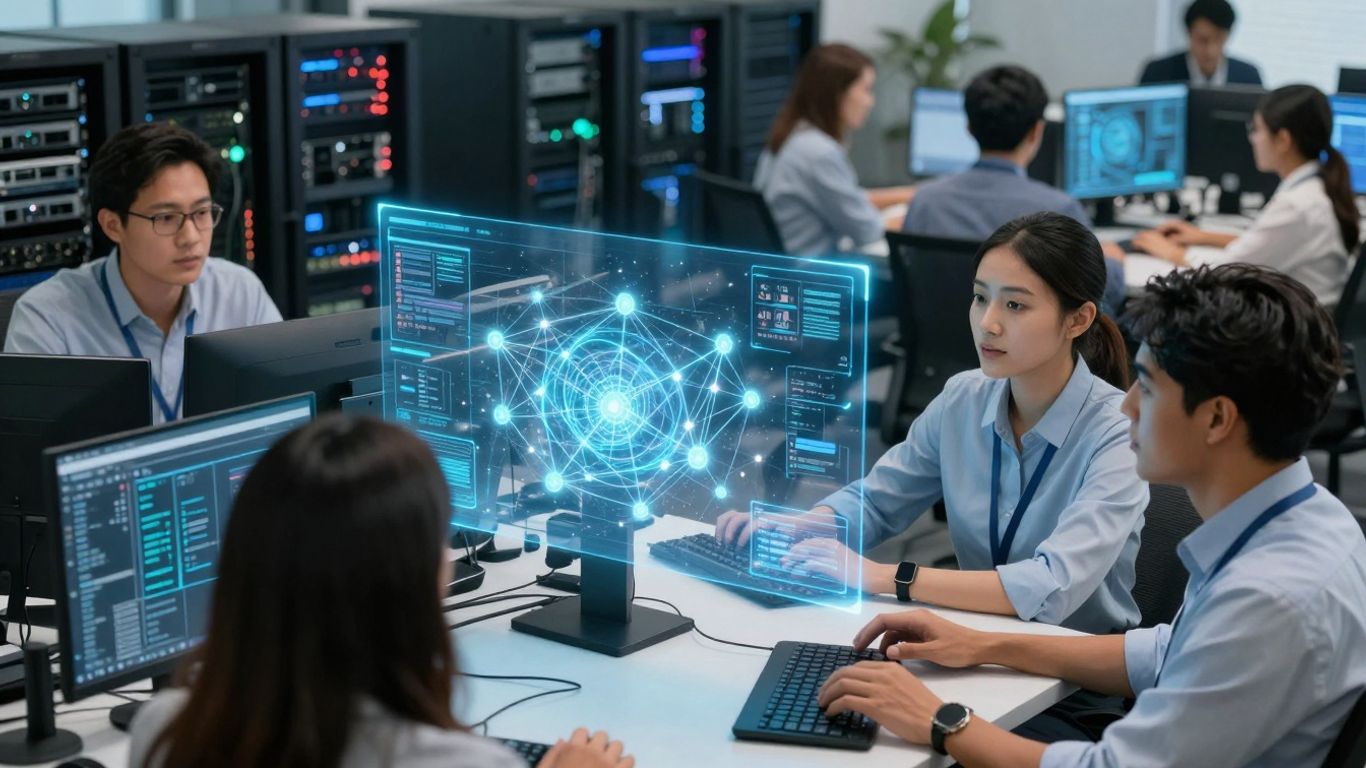 IT team working on scalable infrastructure with holographic display.