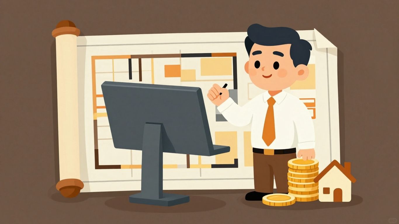 Dealership owner reviewing floor plan with financial elements.