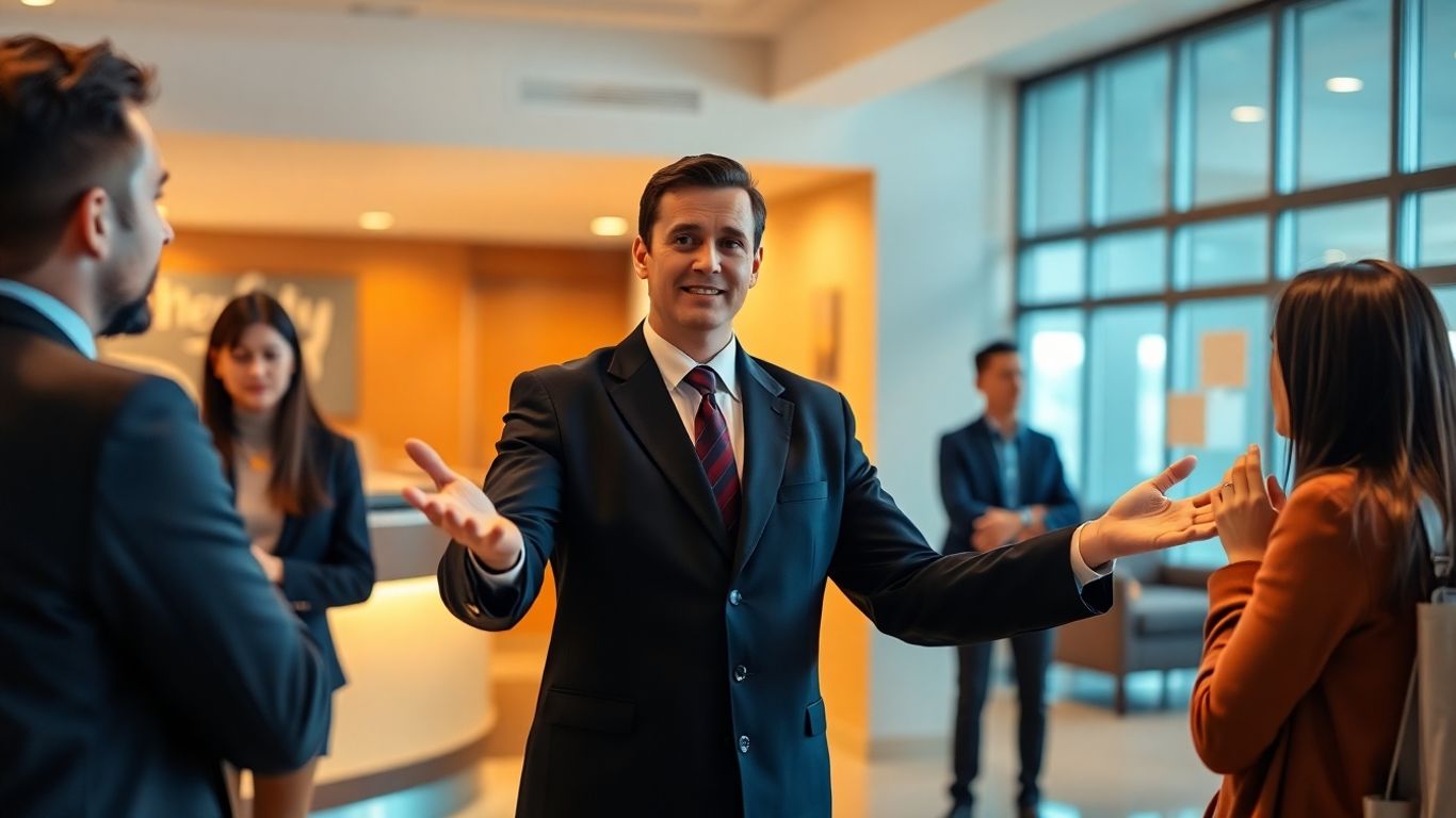 Concierge calming agitated guests in a hostel.