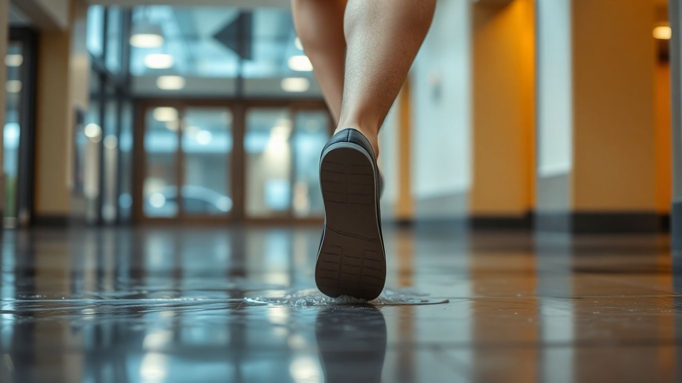 Person slipping on a wet floor.