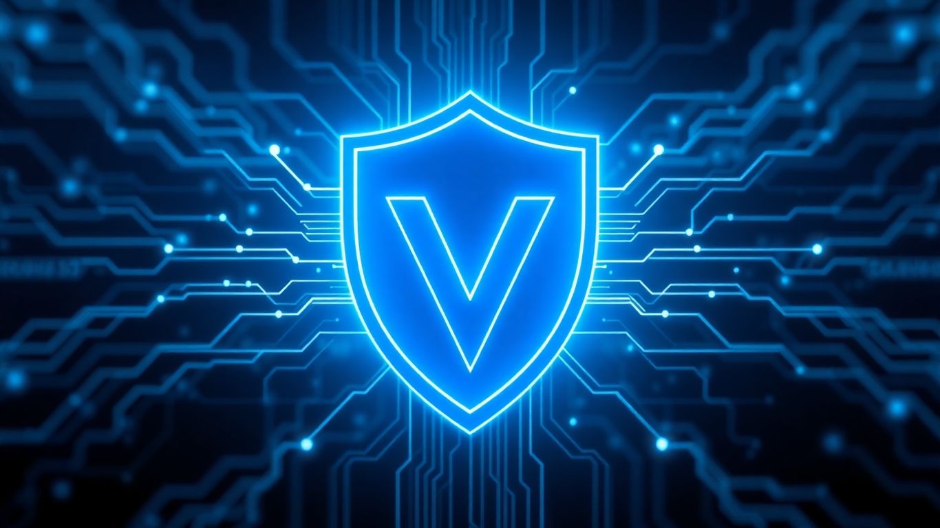 Digital shield with 'V' and glowing network lines.
