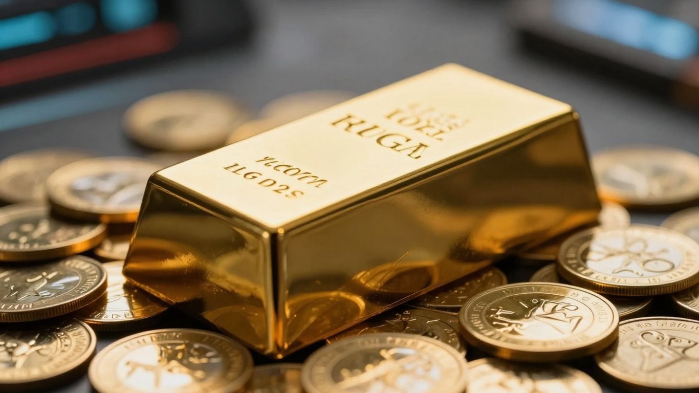抽象科技背景下的金条和金币。