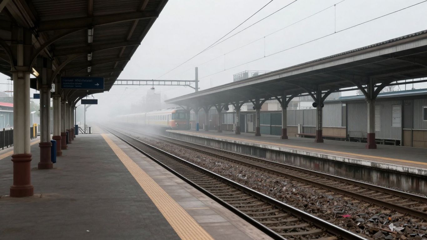 Gare SNCF vide avec des trains à l'arrêt.