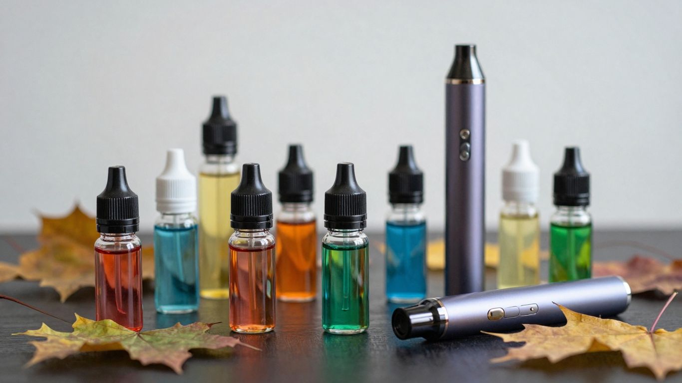 Bunte Vape Liquids mit Herbstlaub und E-Zigarette.