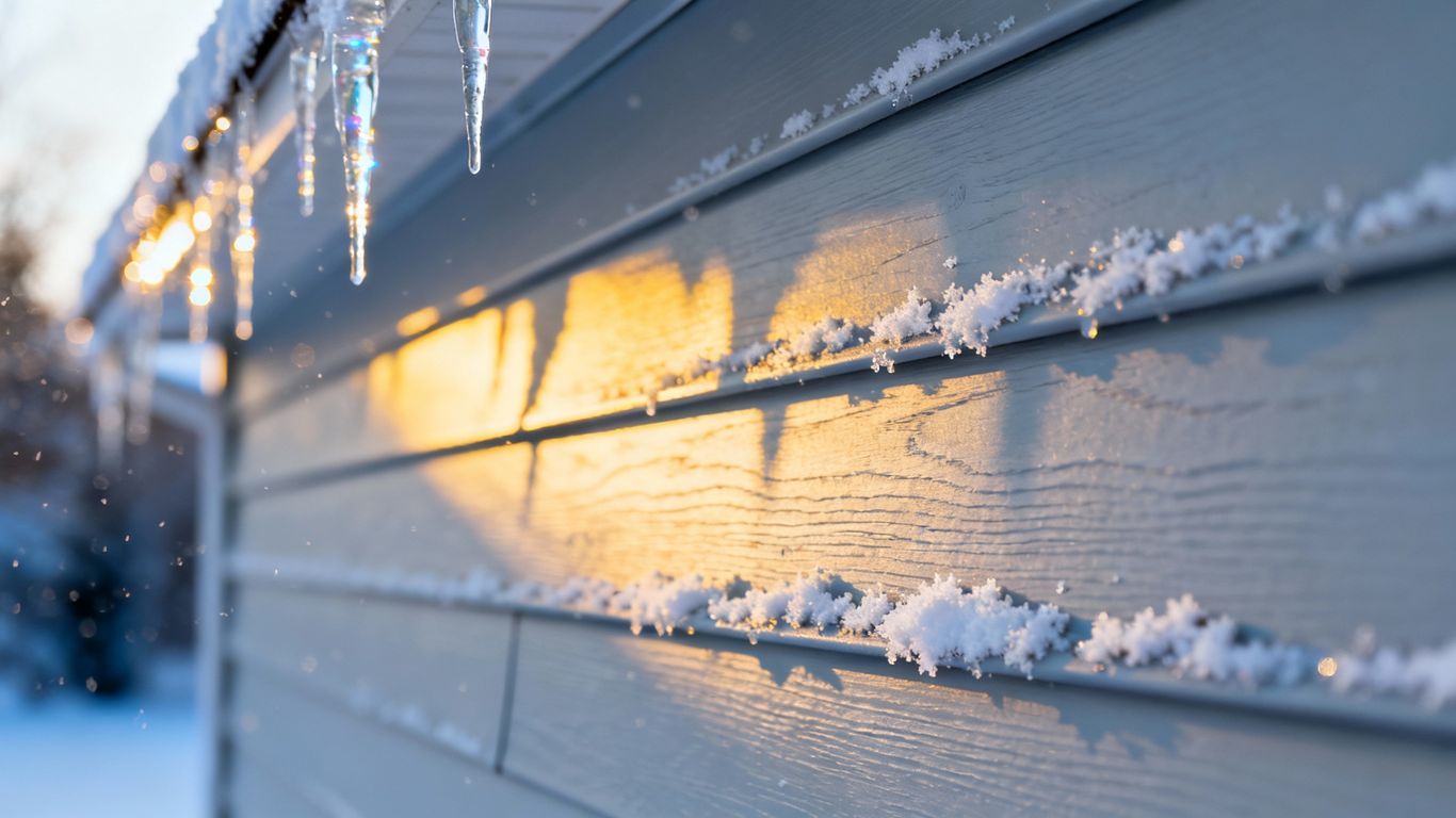 Winter siding detail with snow and icicles.