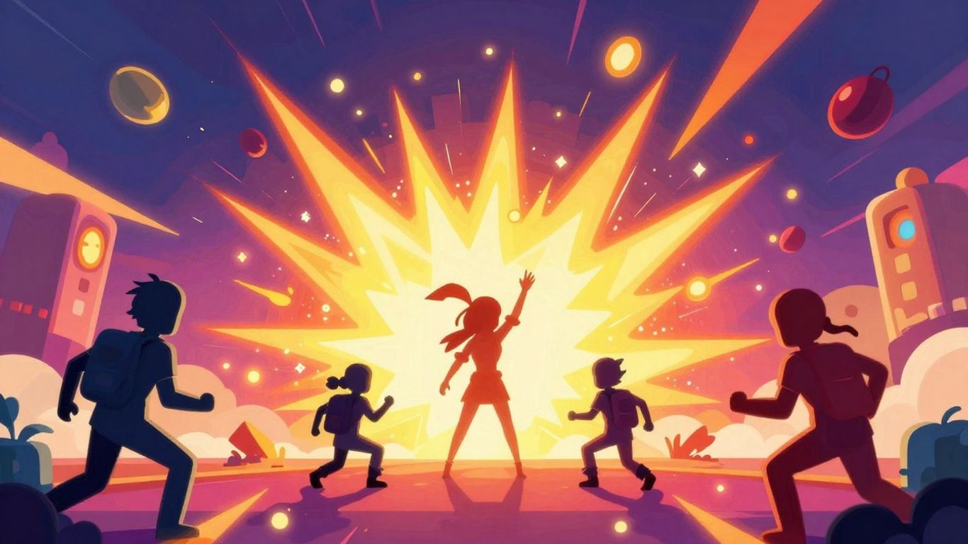 Colorful game elements with explosions and power-ups.