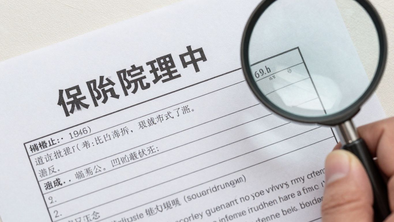 Insurance policy document with a magnifying glass and pointing finger.