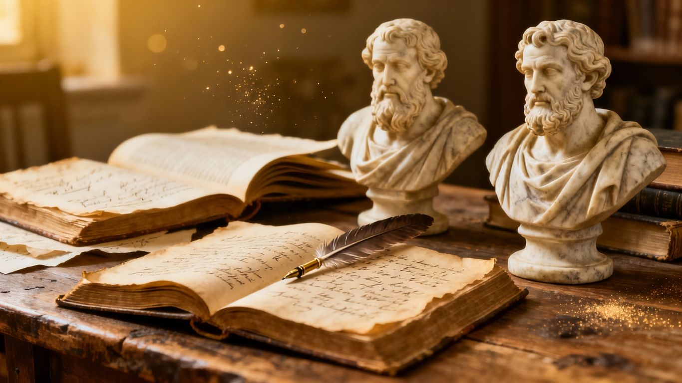 Statues and books of famous philosophers for understanding the world.