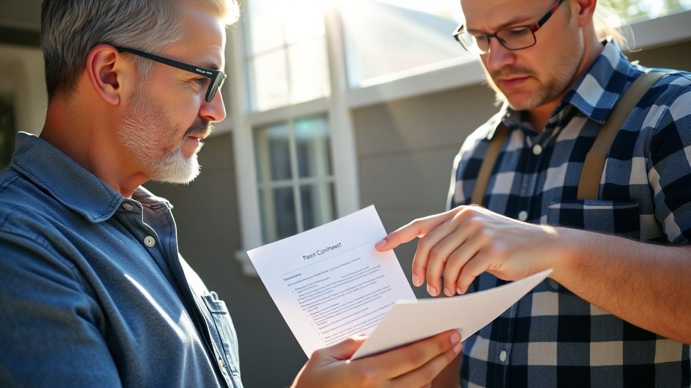 Homeowner and contractor review painting contract details.