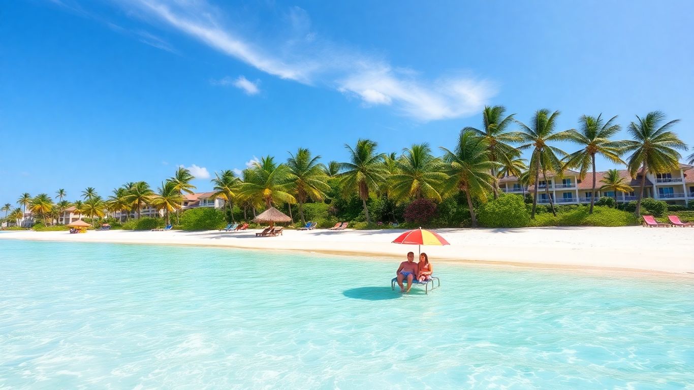 Tropical beach with palm trees and resort