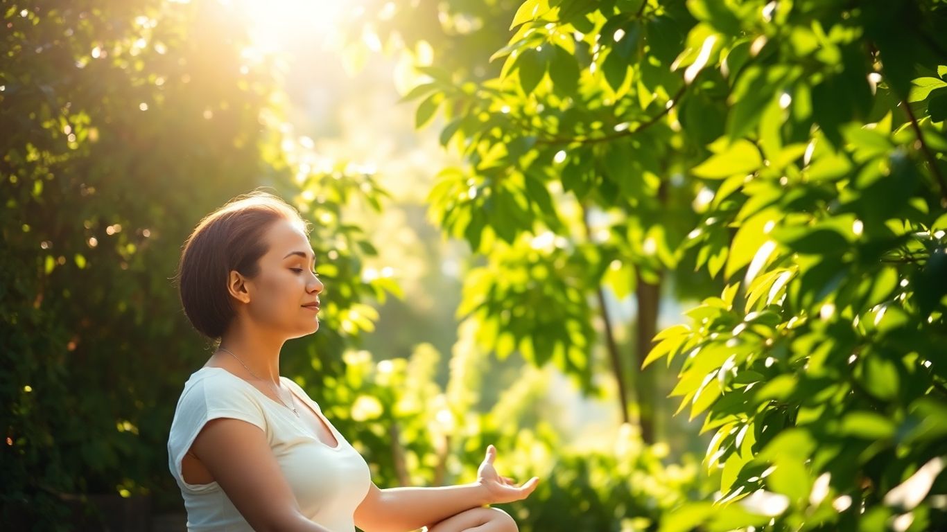 Person meditating peacefully in a sunlit, green natural setting.