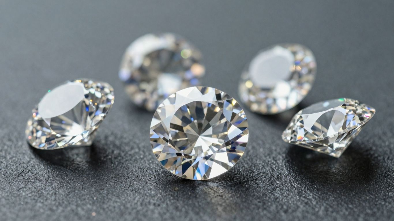 Sparkling uncut diamonds on a dark surface.