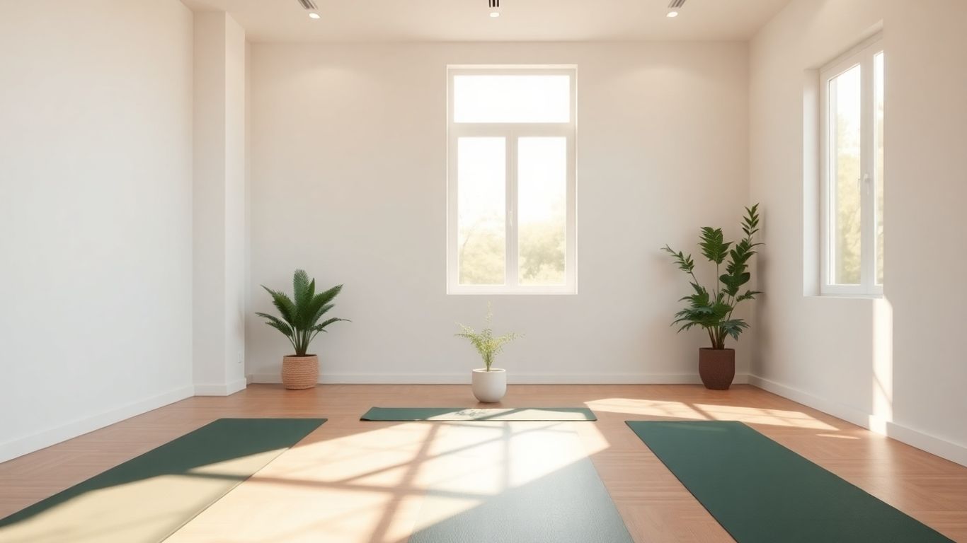 Peaceful yoga studio with sunlight and plants.
