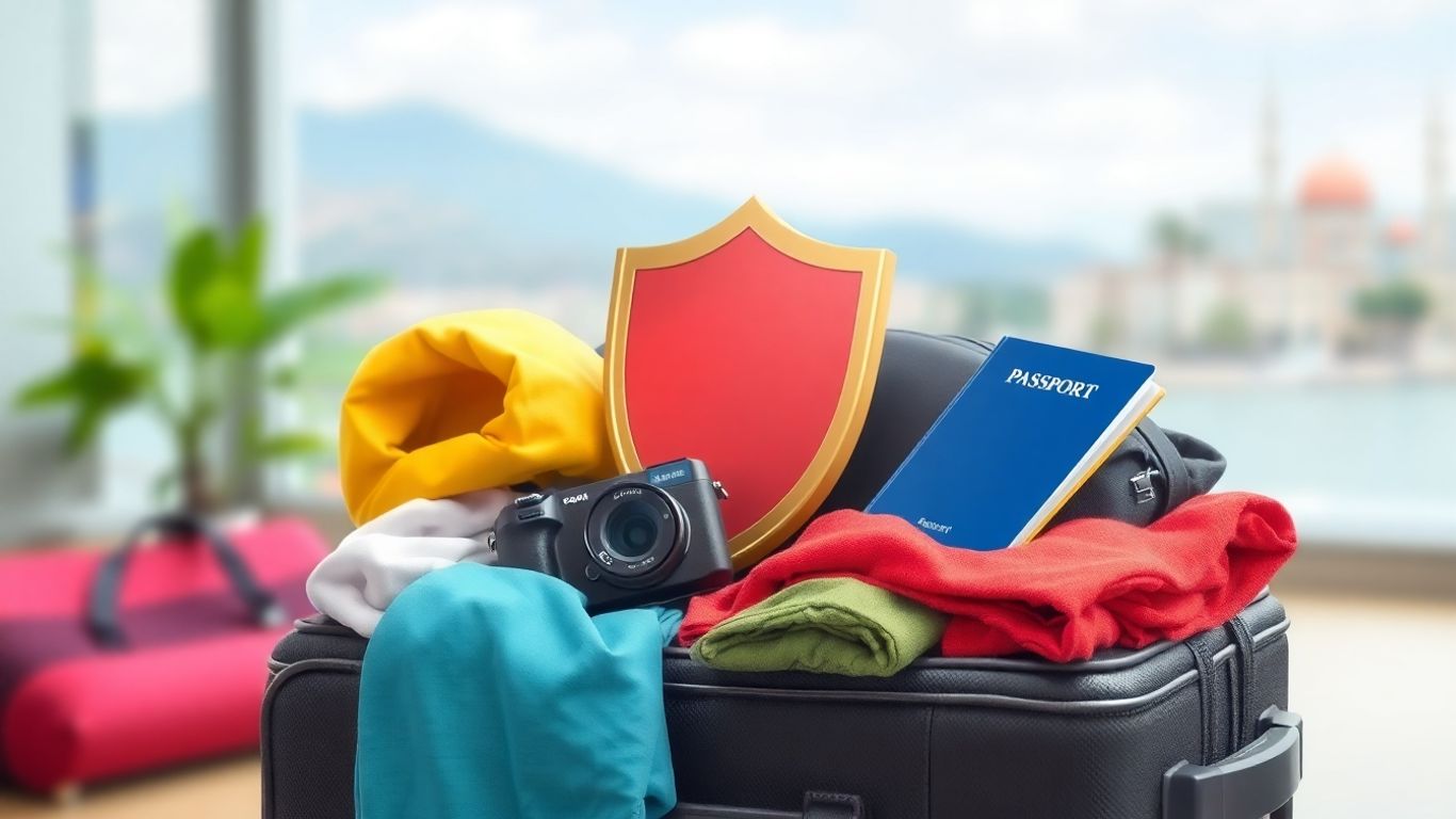 Koffer mit Reiseutensilien und Schutzschild