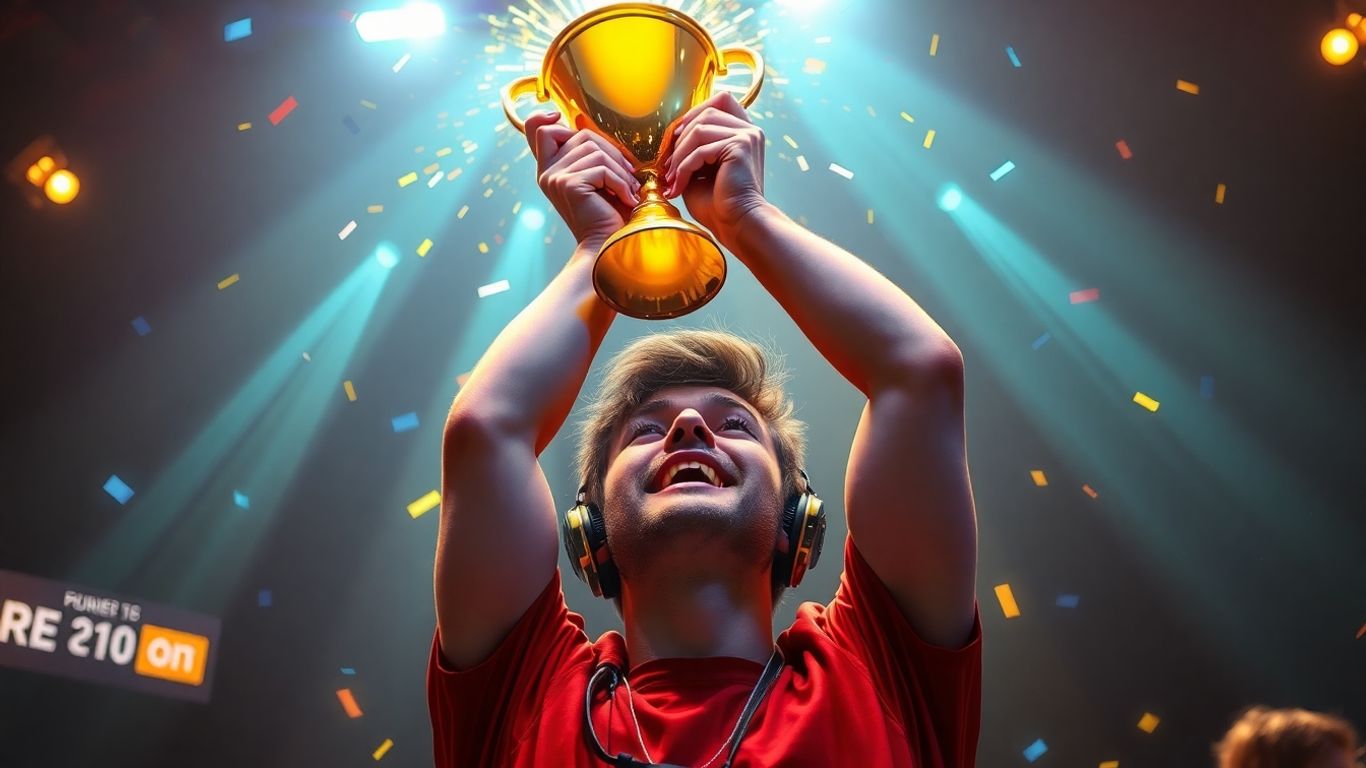 Esports player celebrating with trophy, game elements.