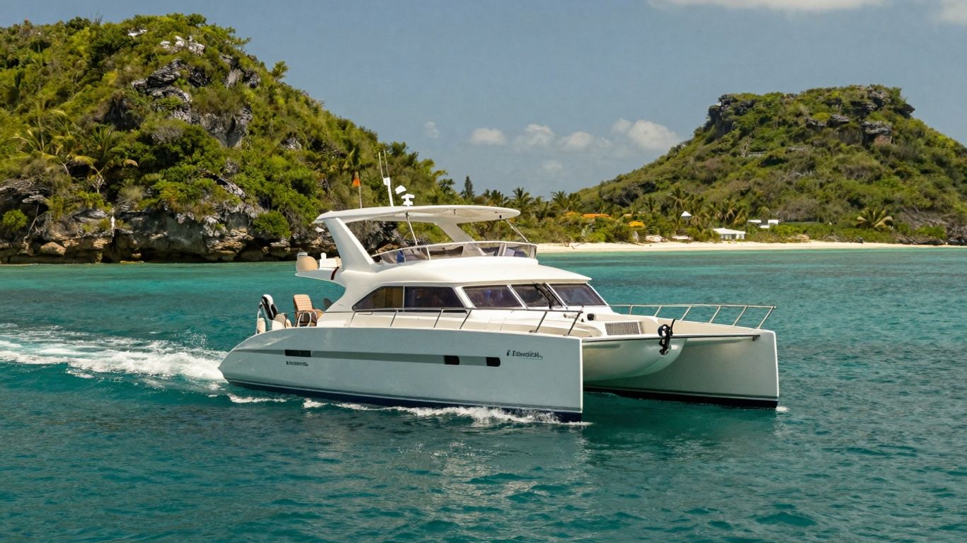 Catamaran sailing through clear blue Bahamian waters near islands.