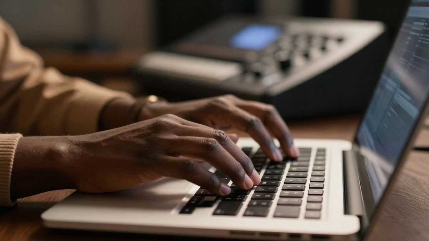 Beatmaker typing on laptop, music equipment background.