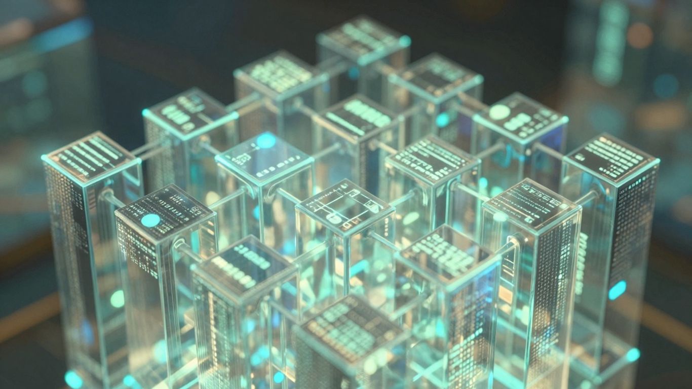 Interconnected digital blocks forming a transparent ledger structure.