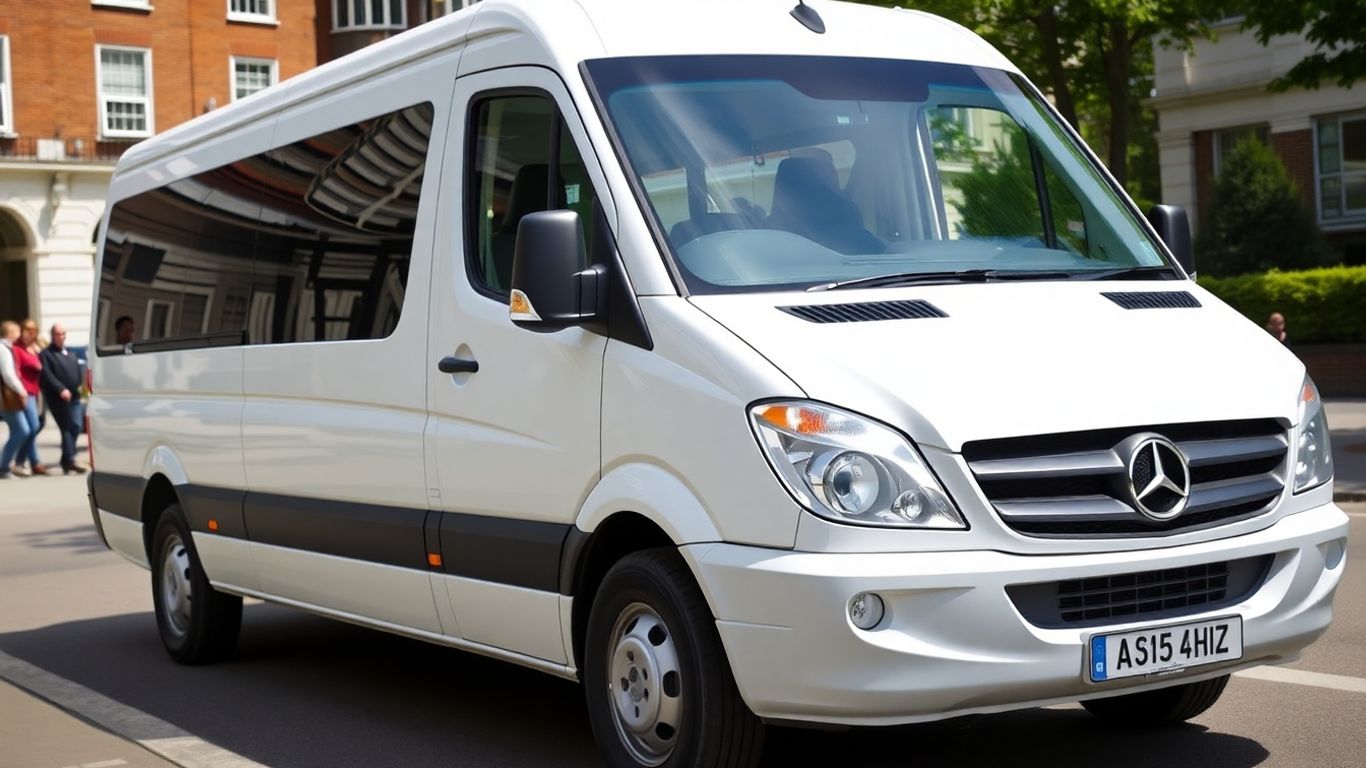White 16 seater minibus parked on a street in Slough.