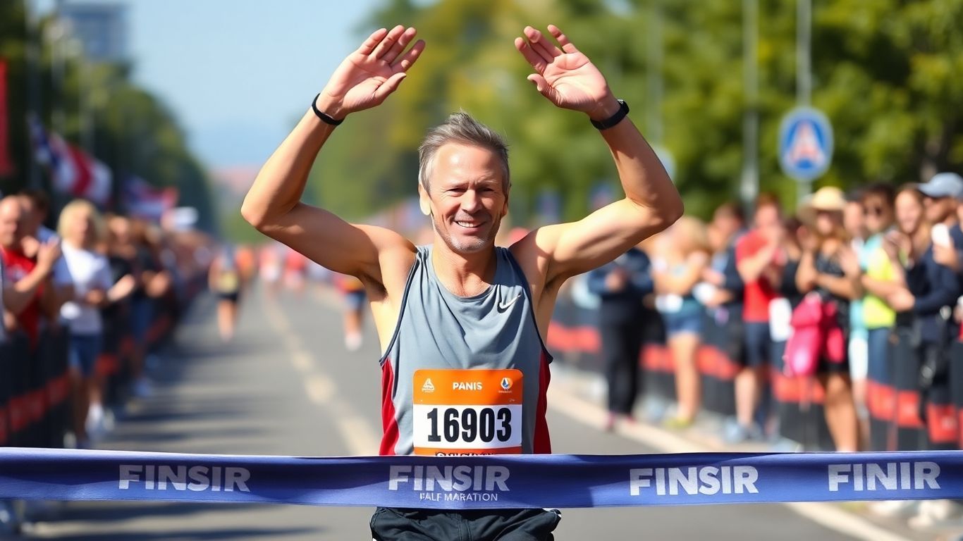 Runner celebrating crossing the half marathon finish line.