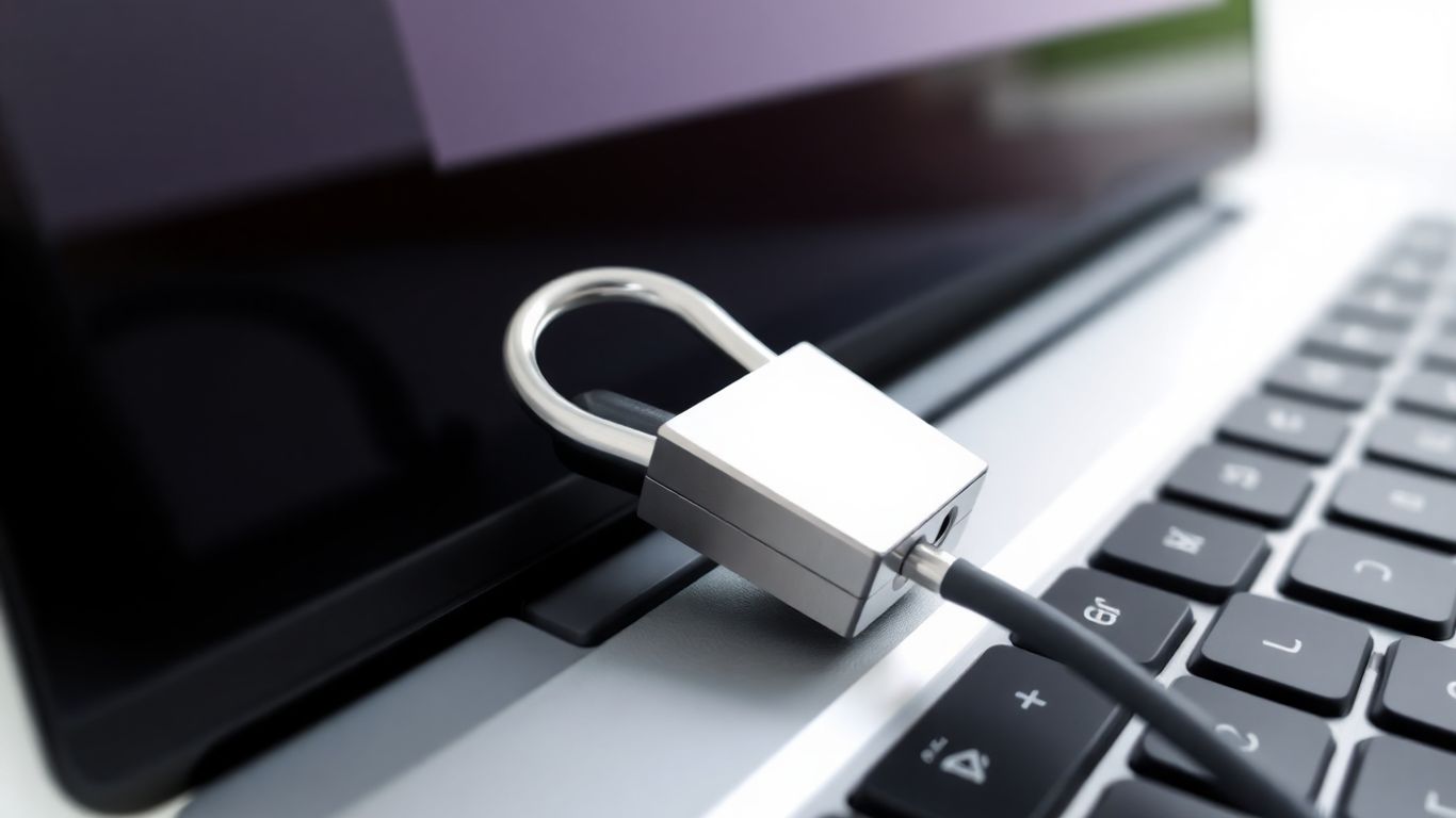 Laptop with a physical security lock attached.