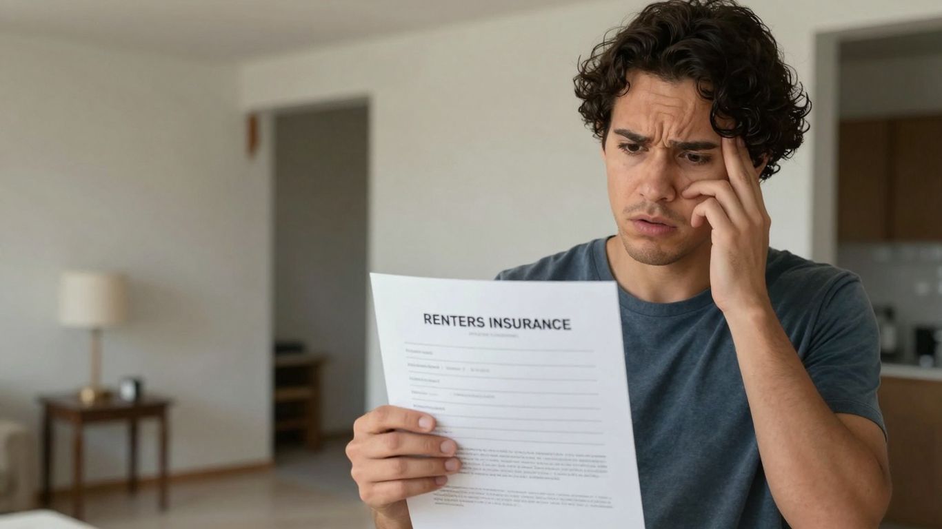 Renters insurance policy document and damaged apartment interior.