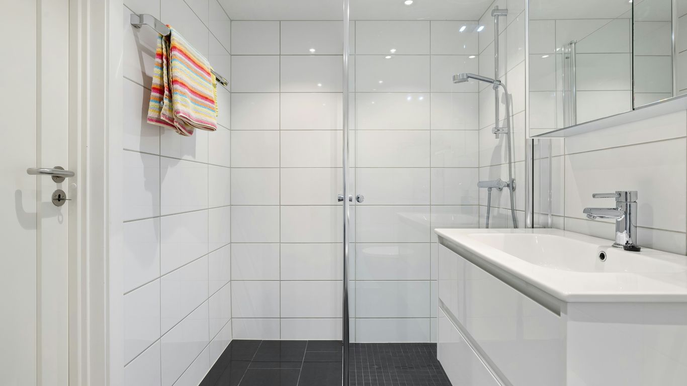 A bathroom with a walk in shower next to a sink