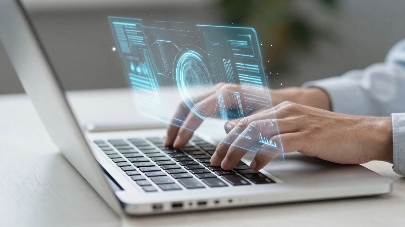 Person interacting with a digital interface on a laptop.