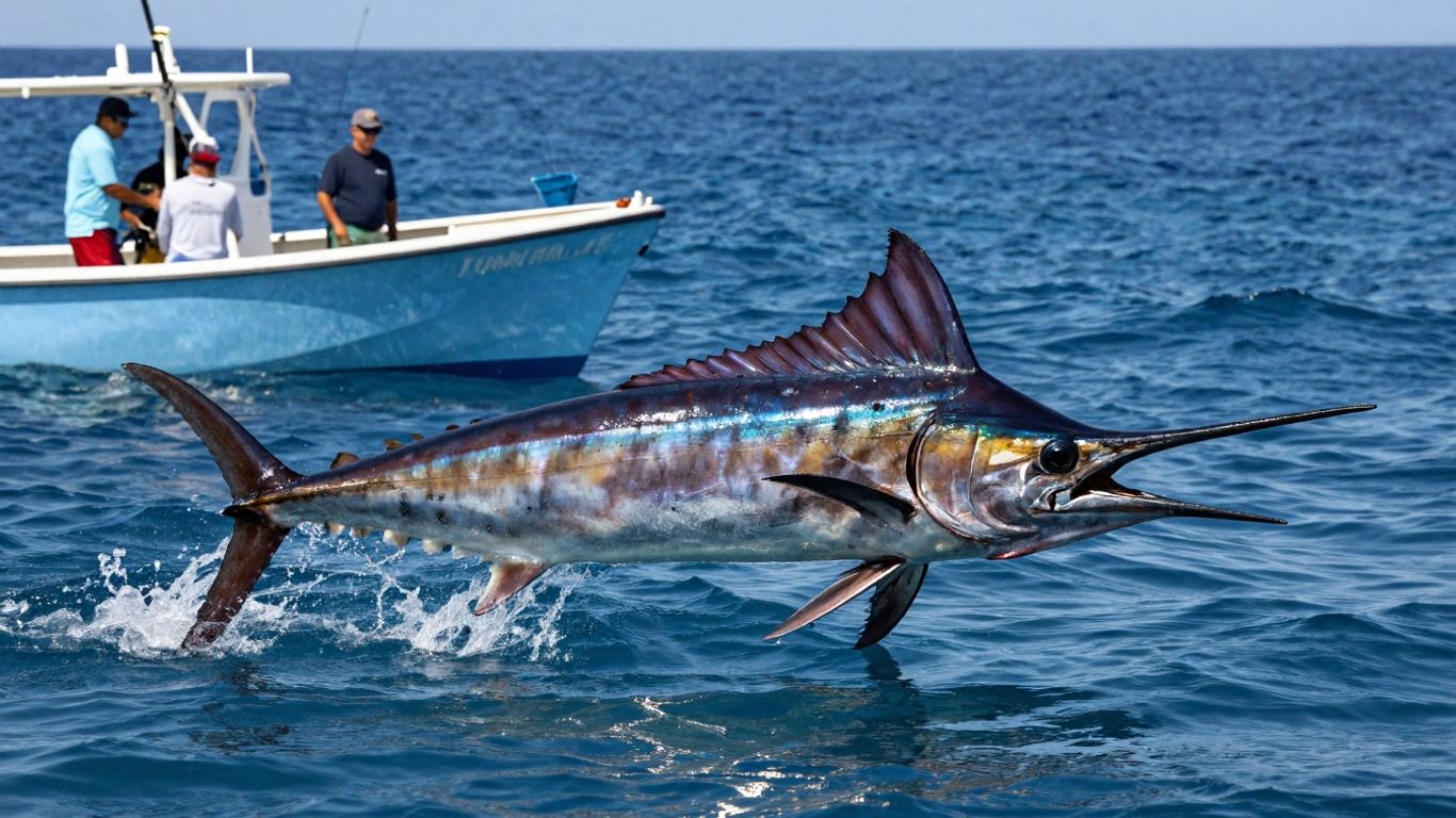 Marlin leaping from ocean near Cabo fishing boat