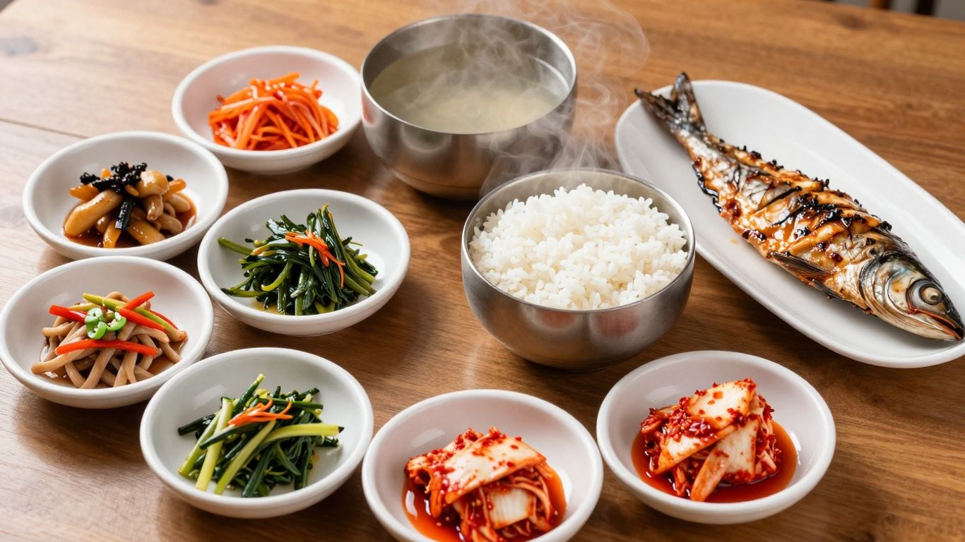 Traditional Korean breakfast spread with rice, kimchi, and banchan.