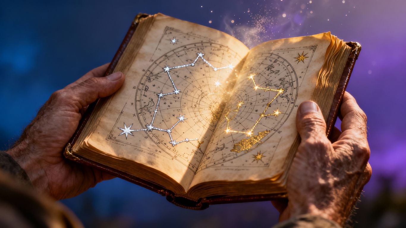 Hands holding an open book with celestial patterns.