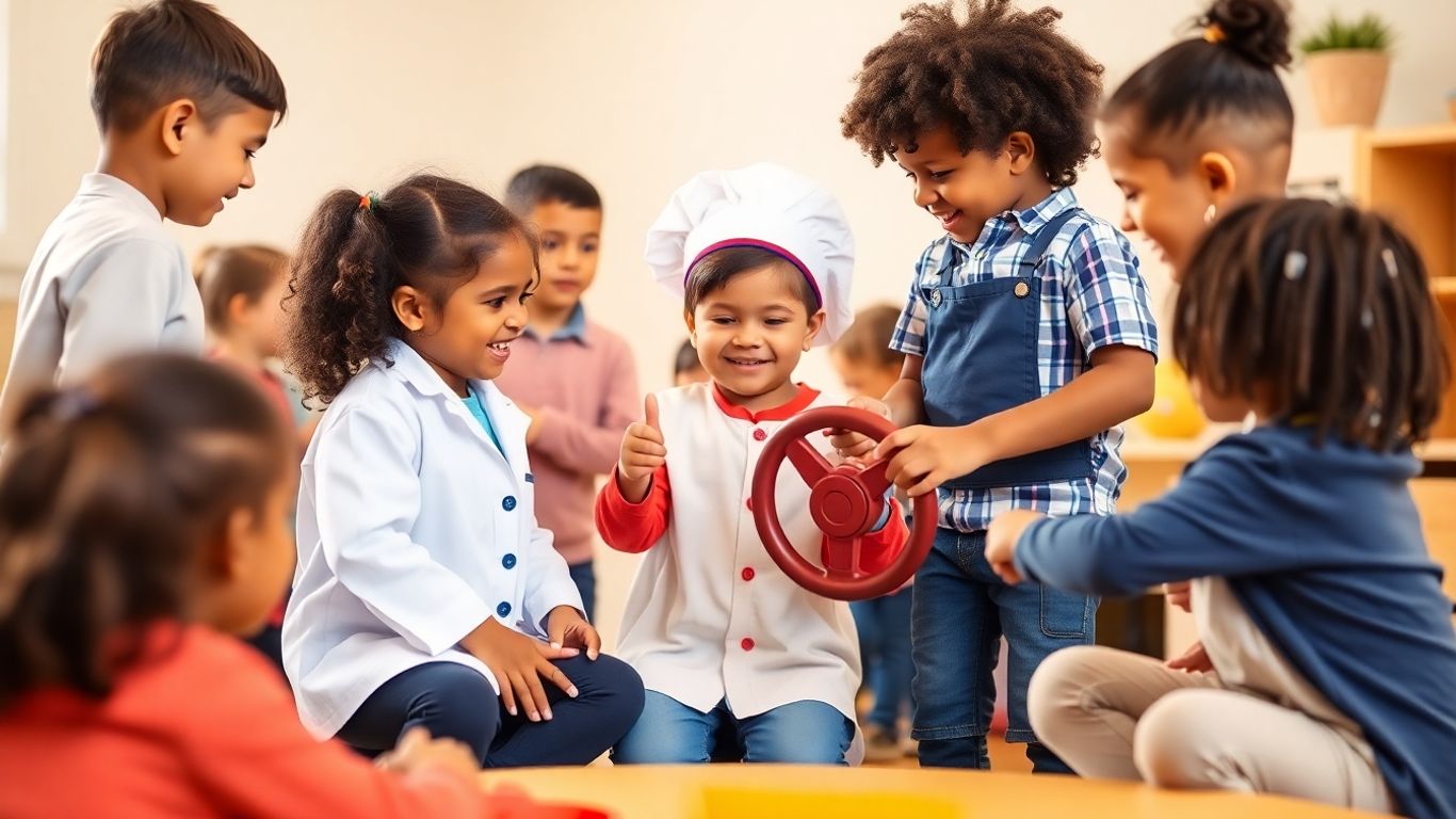 Copii jucându-se roluri de profesii diferite.