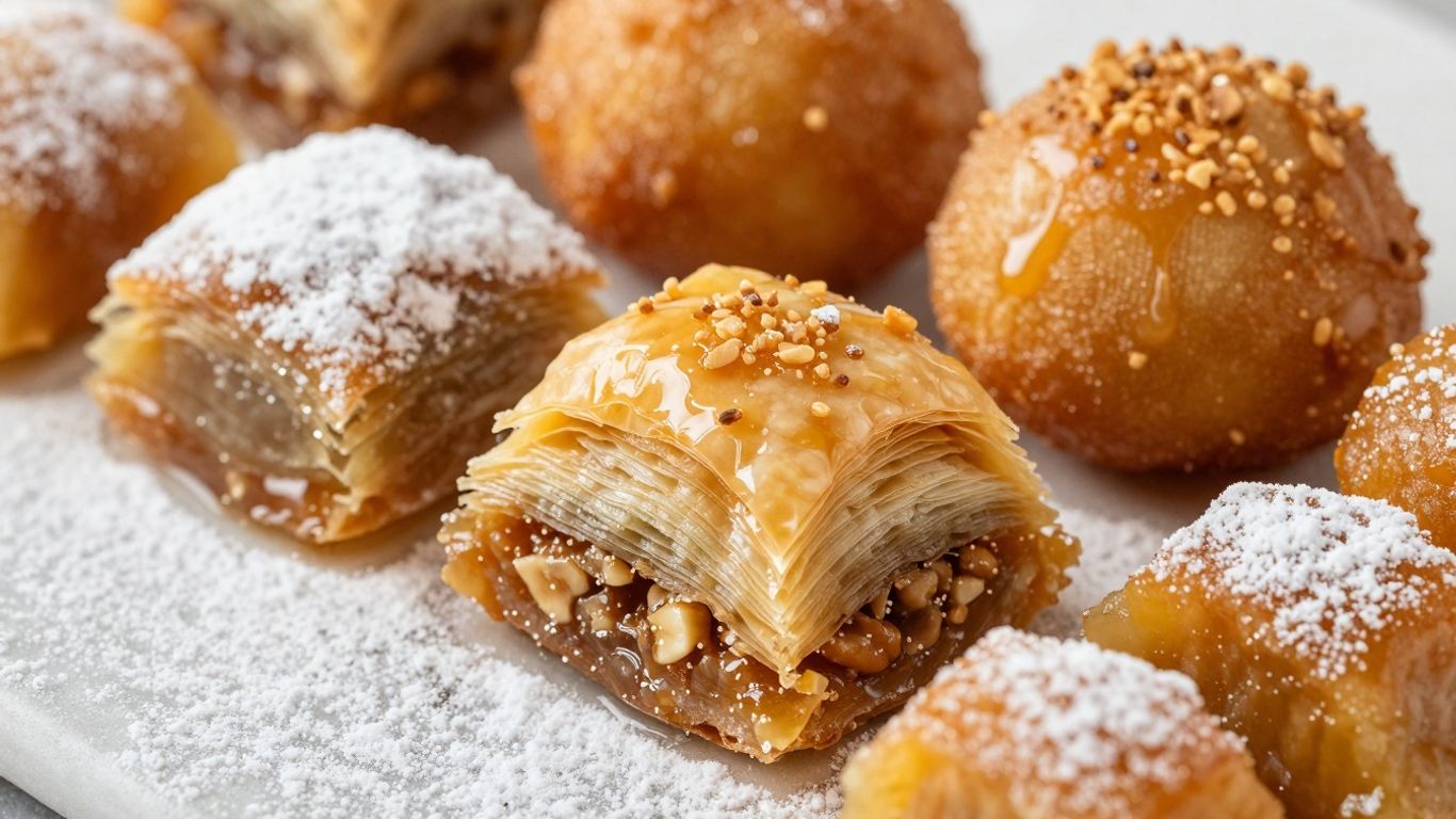 Deserturi grecești tradiționale, dulciuri cu miere și nuci.