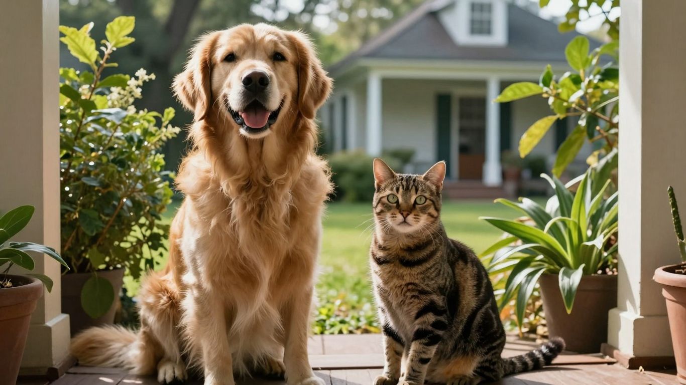 Happy dog and cat on a porch in Louisiana.