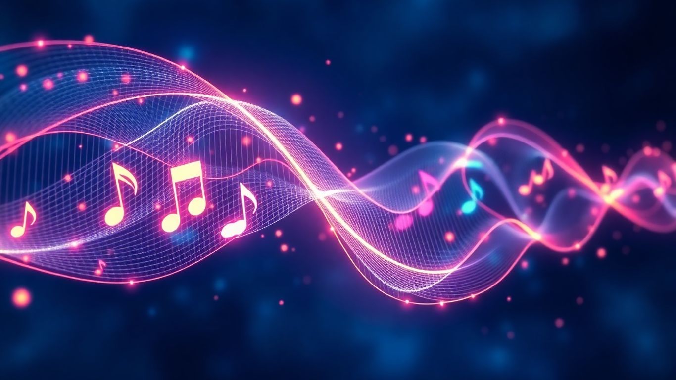 Abstract sound waves transforming into musical notes and digital patterns.