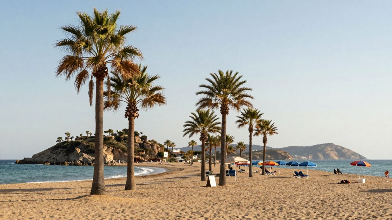 Sunny European beach with palm trees and calm sea.