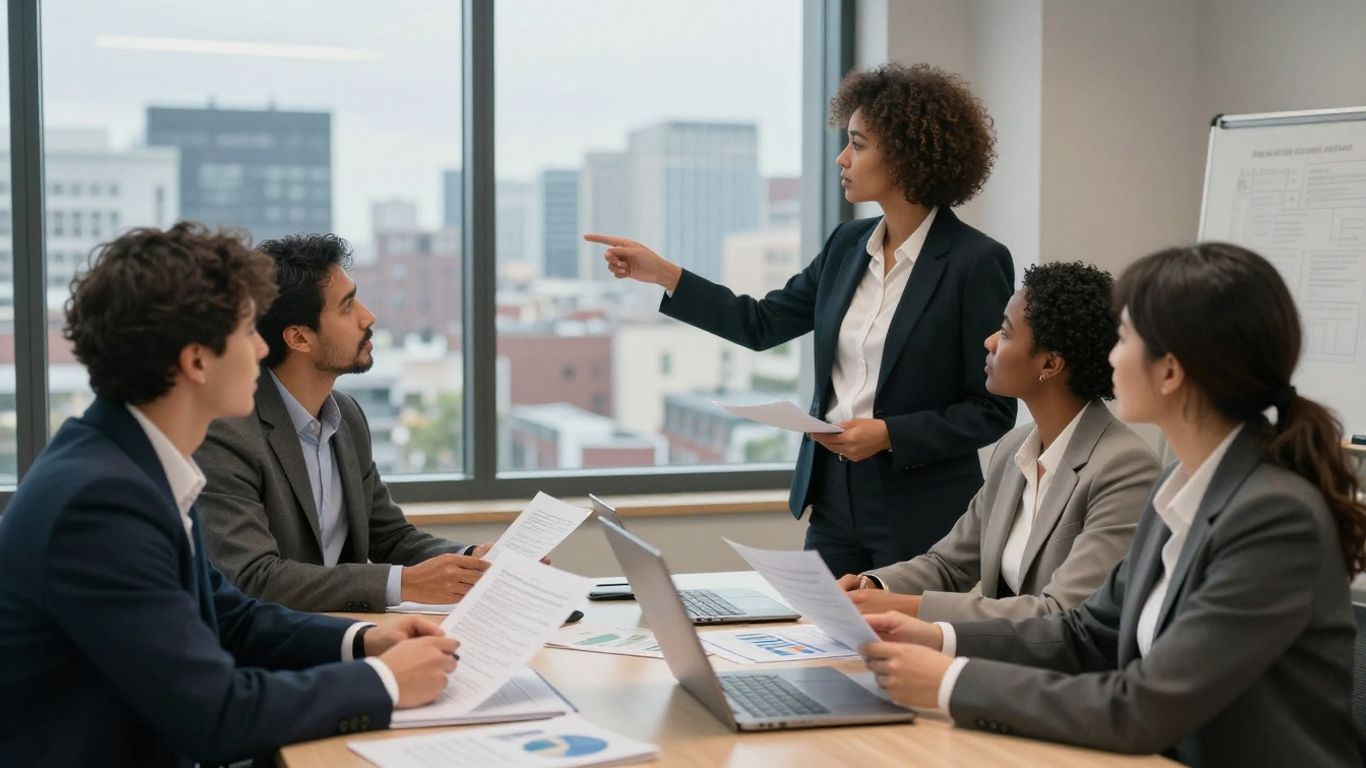 Personnes discutant dans un bureau avec vue sur la ville.