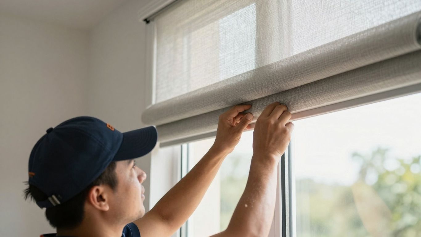 Professional installing window shades in a Ho Ho Kus home.