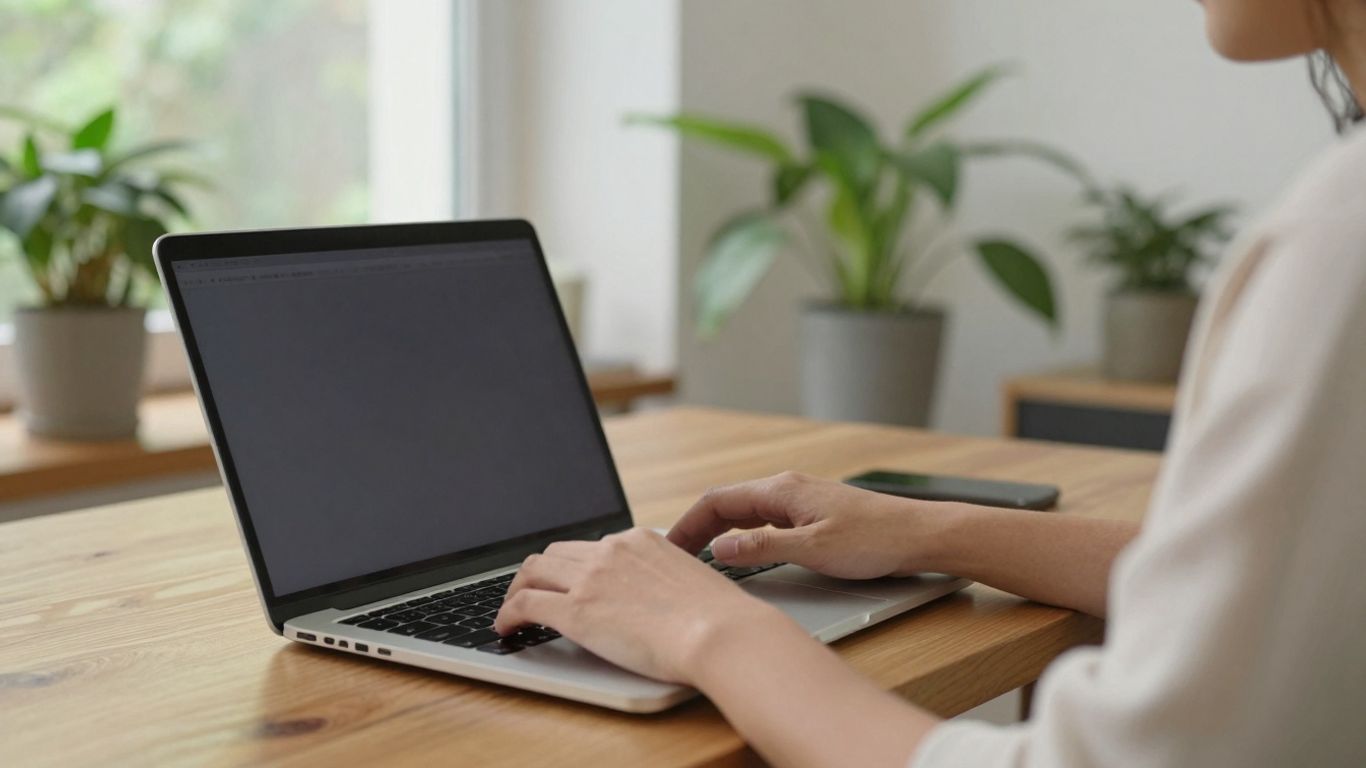 Person working on laptop at home, remote job.