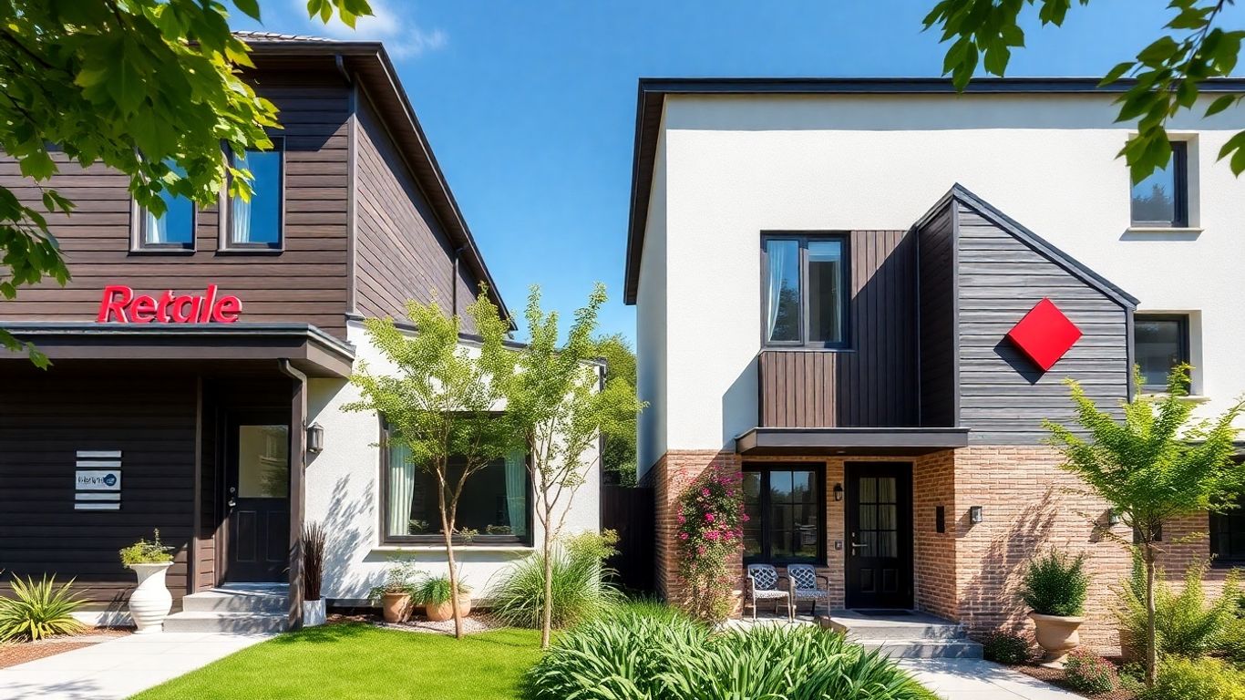 Dos casas modernas una junto a otra con luz solar.
