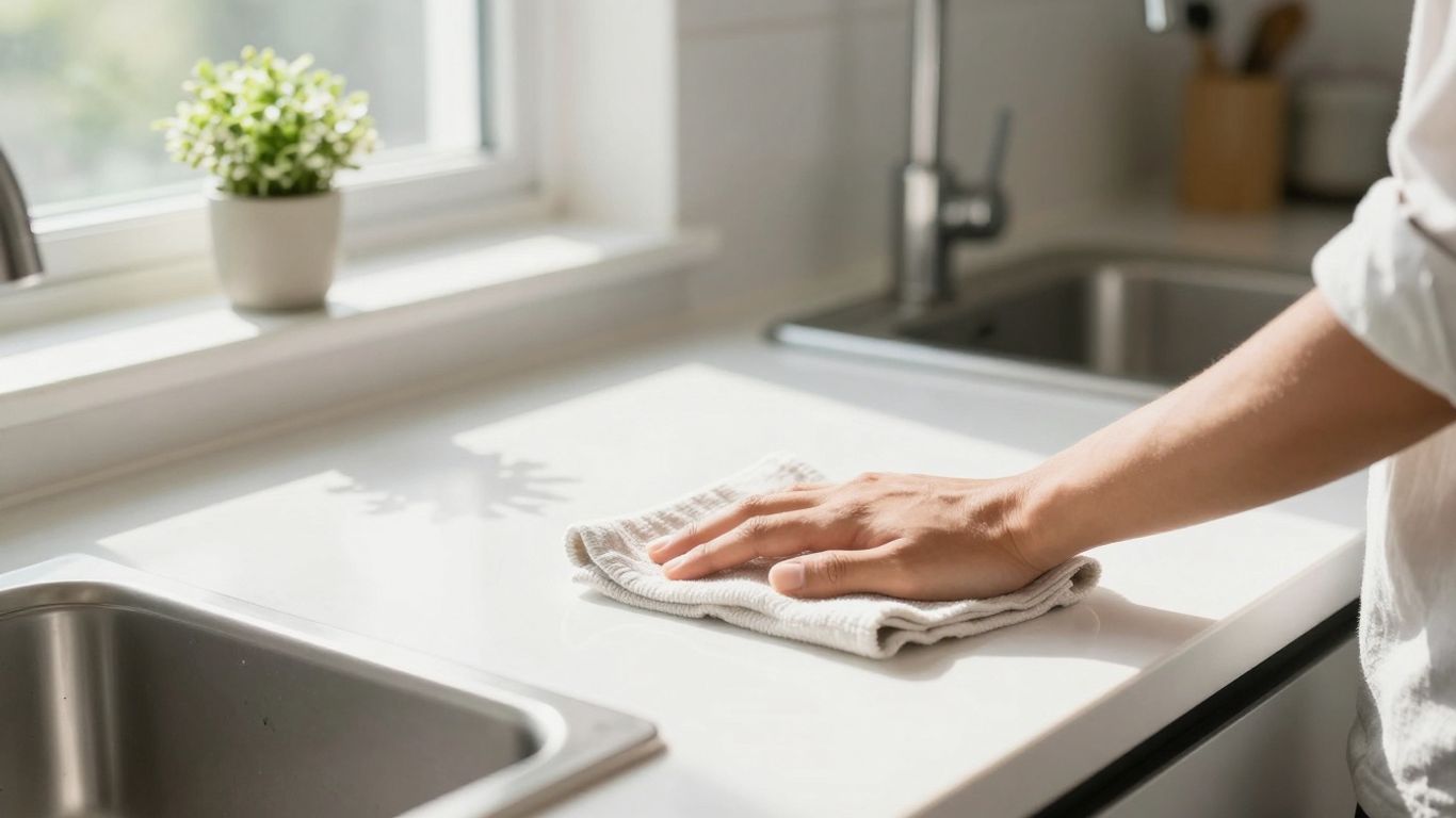 Person cleaning a sunny kitchen counter with a cloth.