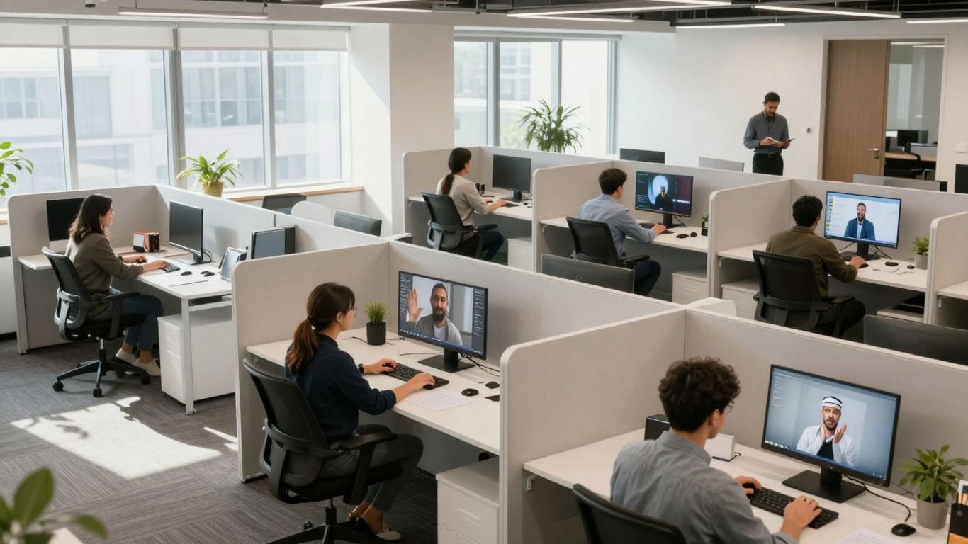 Angajați lucrând în spații de birouri moderne și flexibile.