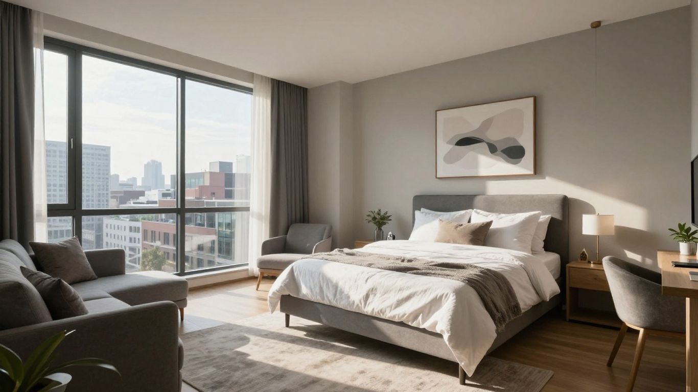 Modern serviced apartment interior with city view.