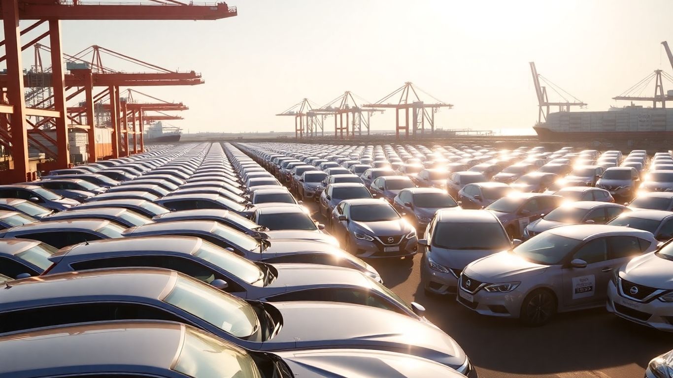 Nissan cars lined up at a port for shipment.